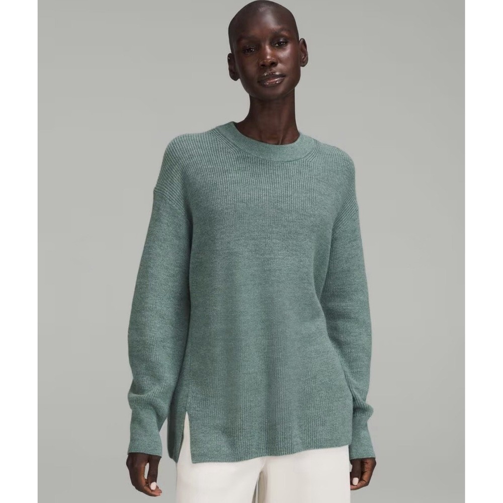 Lululemon Sweater Womens 8 Merino Wool-Blend Ribbed Crewneck Teal Green boxy fit